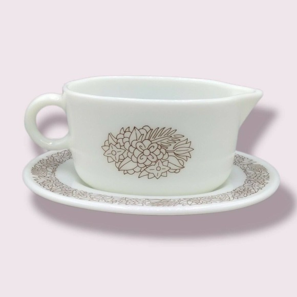 Pyrex Other - Vintage PYREX Gravy Boat & Plate WOODLAND BROWN 77B Corningware Milk Glass